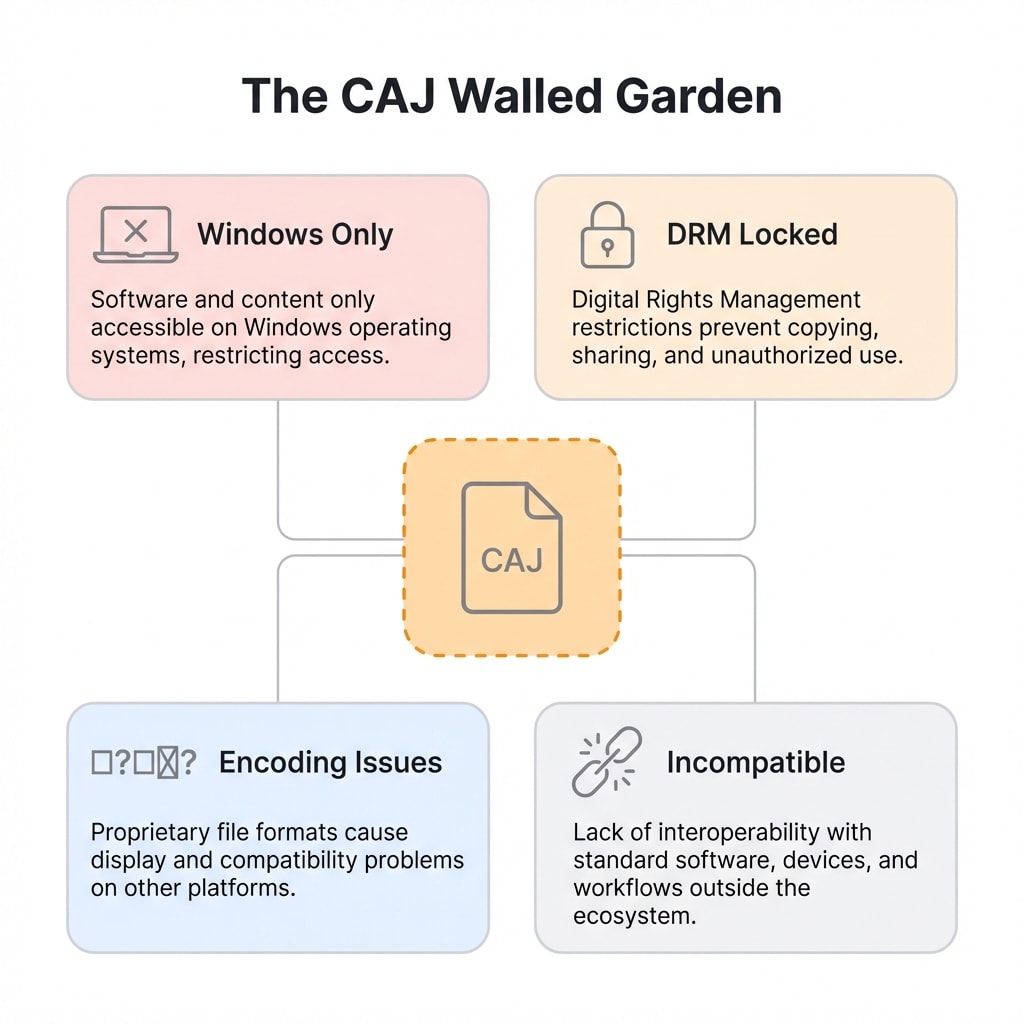 The CAJ Walled Garden: Windows Only, DRM Locked, Encoding Issues, Incompatible