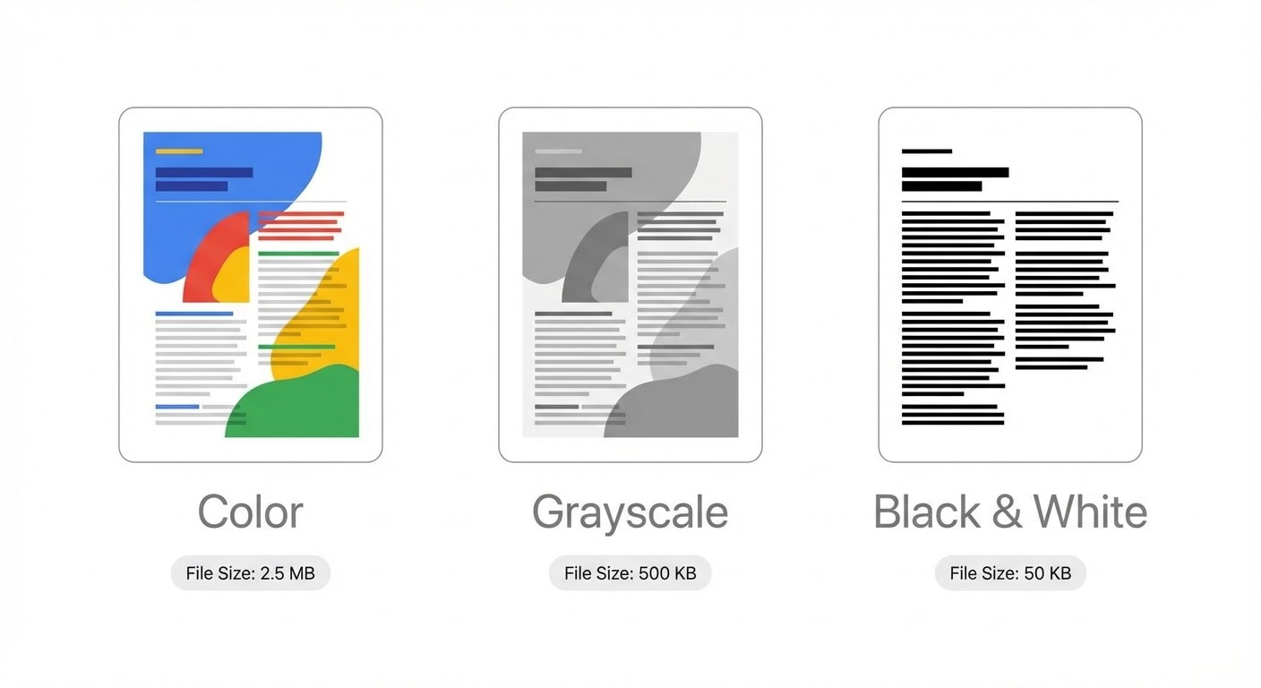 Color PDF vs Grayscale vs Black-and-White: visual comparison of the same document page