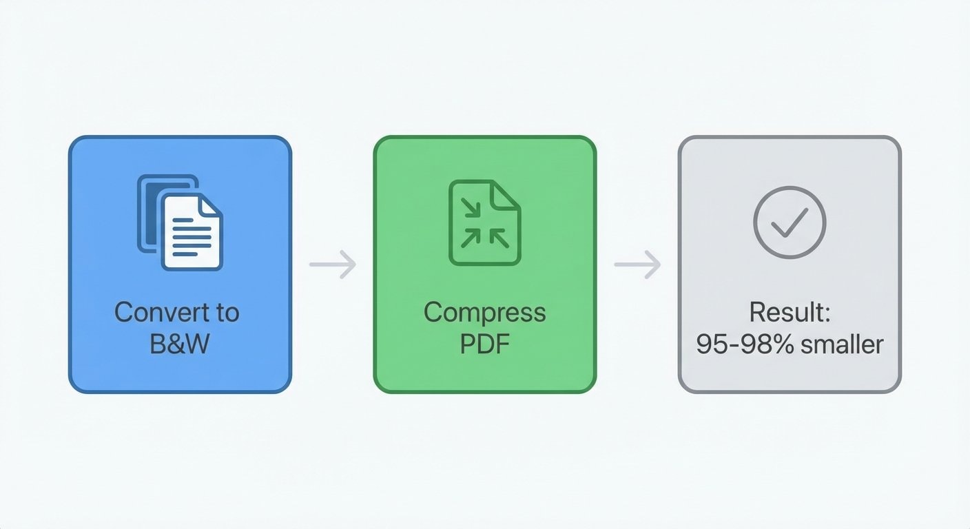 Workflow: Color PDF → Black-and-White → JBIG2 Compression → 97% size reduction