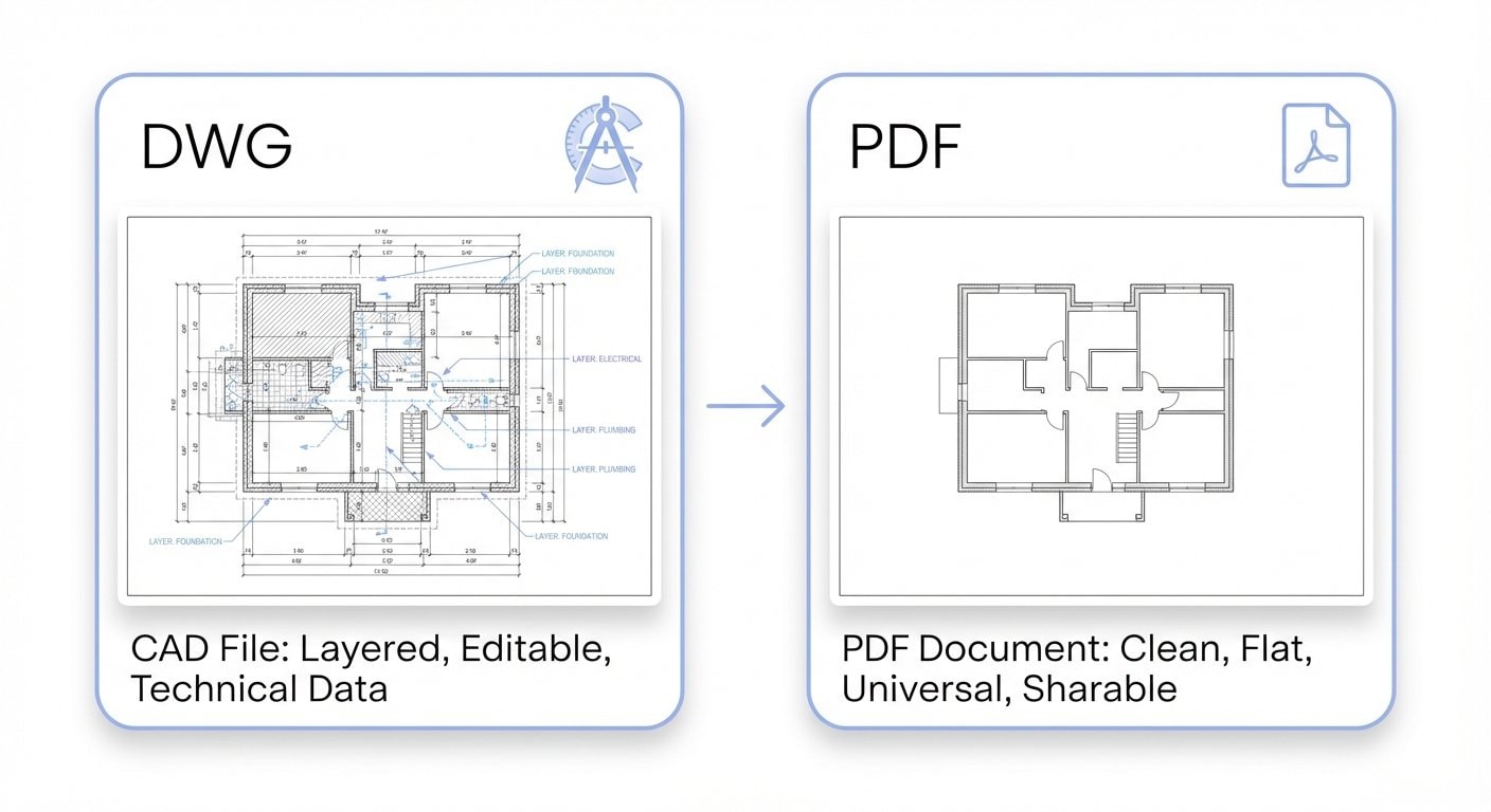 DWG-Datei erfordert CAD-Software, PDF öffnet sich überall