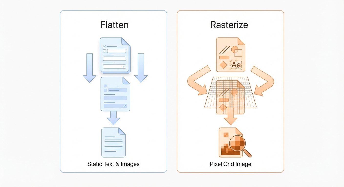 Flatten vs Rasterize: side-by-side comparison of output characteristics