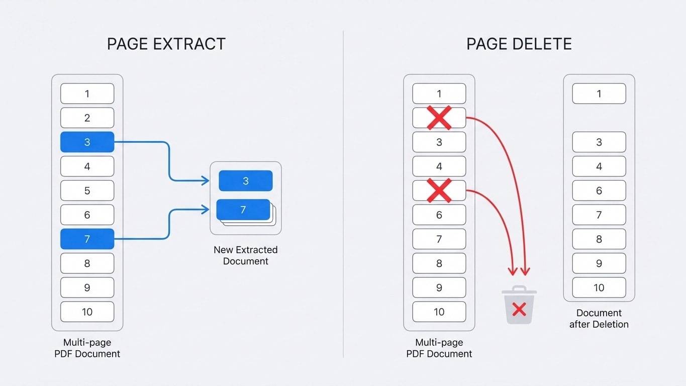 Comparaison conceptuelle entre l’extraction et la suppression de pages PDF