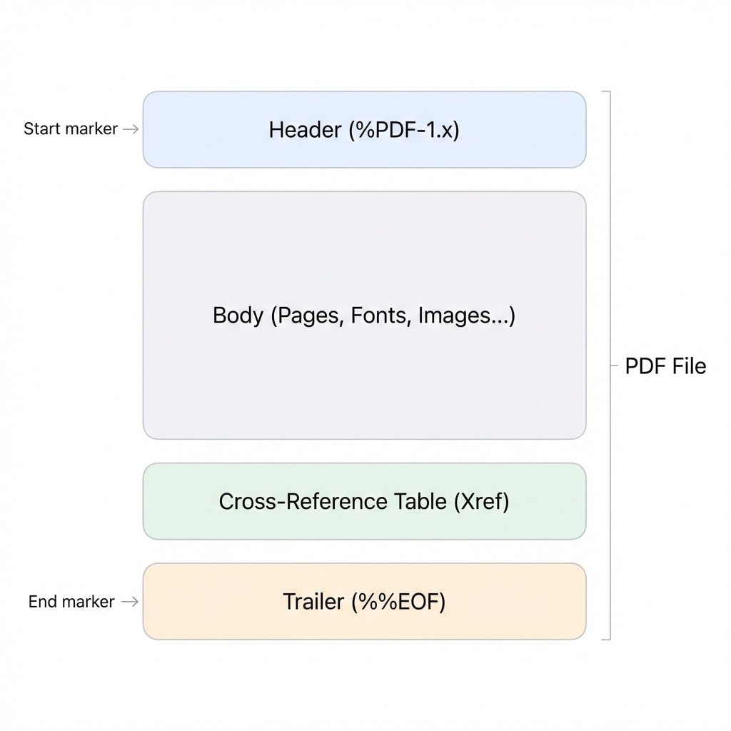 Diagram showing the four-section structure of a PDF file: Header, Body, Xref, Trailer