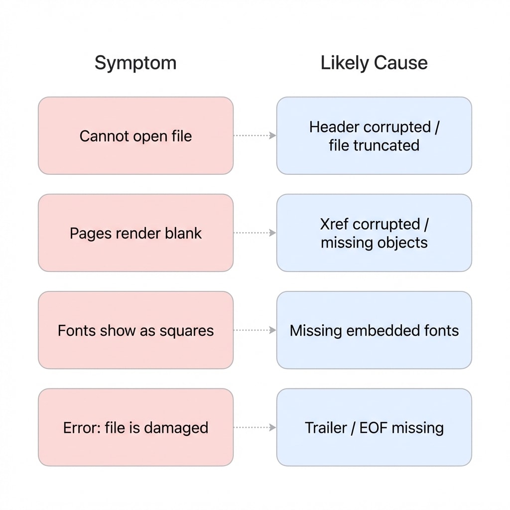 Diagnostic chart comparing common PDF corruption symptoms and their likely causes