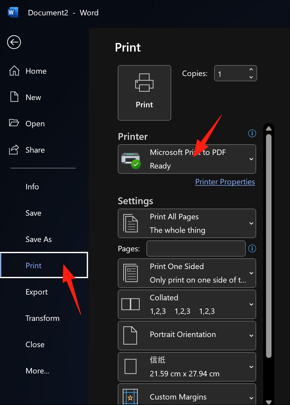 Word selecteert Microsoft Print to PDF-printer