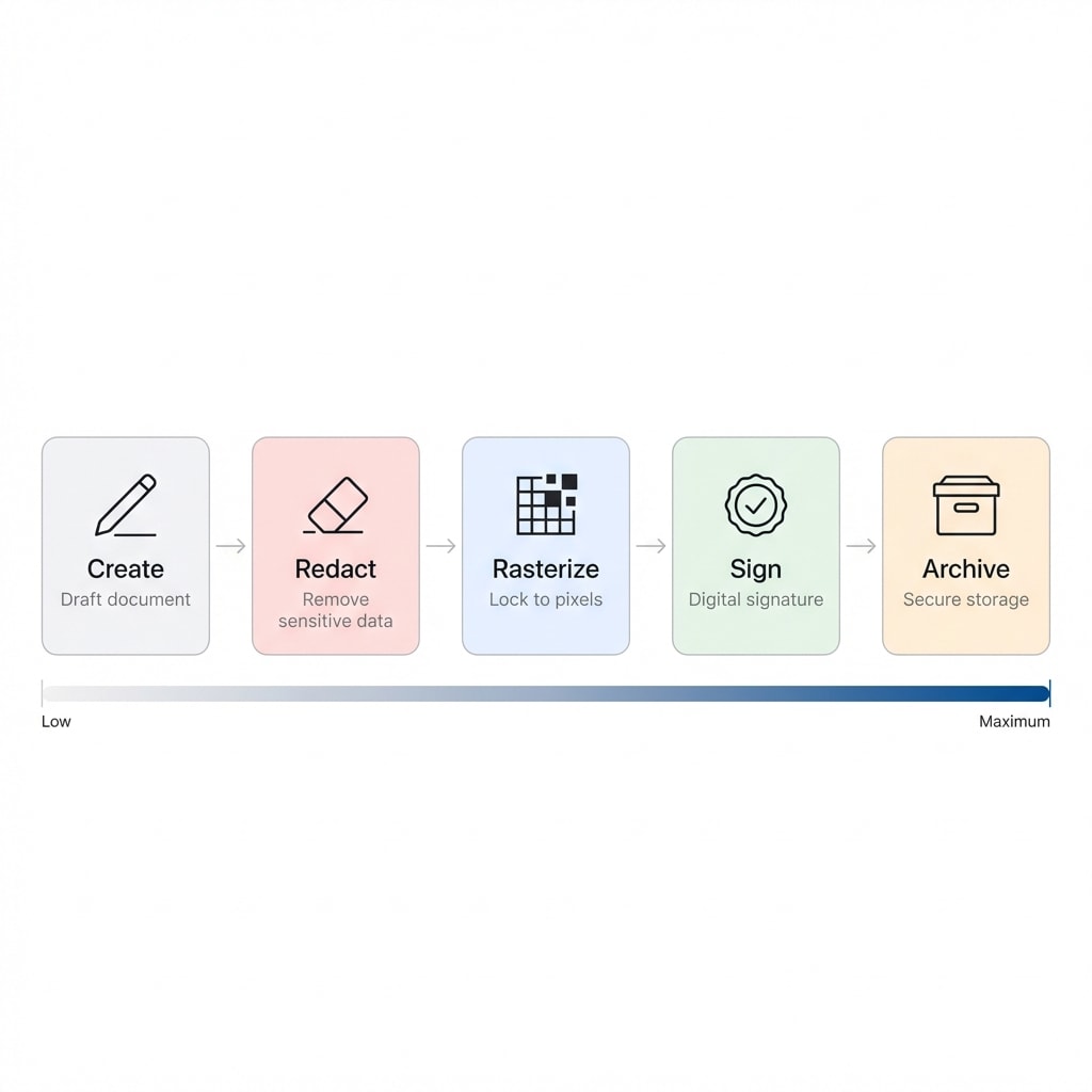 Document Security Lifecycle: Create, Redact, Rasterize, Sign, Archive